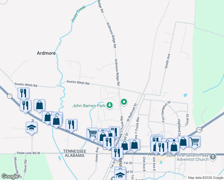 map of restaurants, bars, coffee shops, grocery stores, and more near 26454 Austin Whitt Road in Ardmore