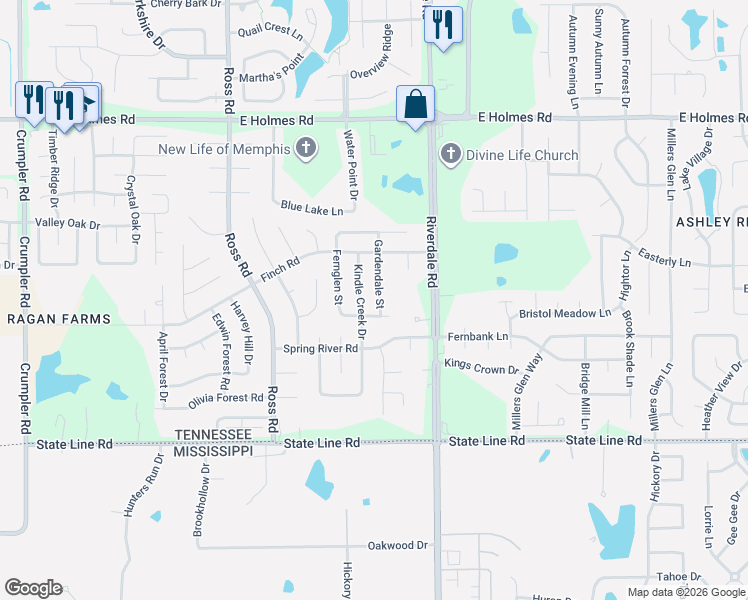 map of restaurants, bars, coffee shops, grocery stores, and more near 5451 Gardendale Street in Memphis