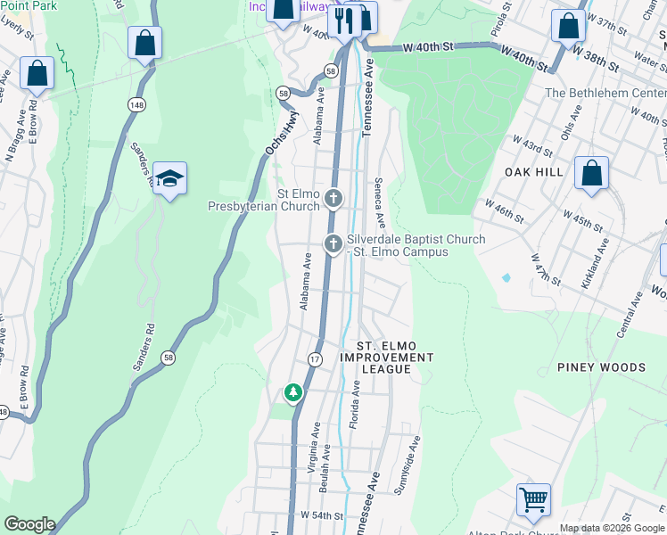 map of restaurants, bars, coffee shops, grocery stores, and more near 4510 Saint Elmo Avenue in Chattanooga
