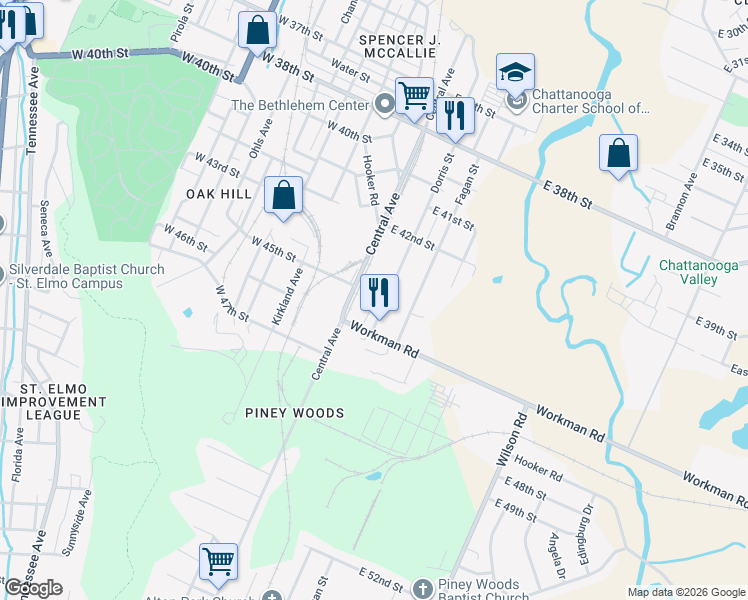 map of restaurants, bars, coffee shops, grocery stores, and more near 55 Workman Road in Chattanooga