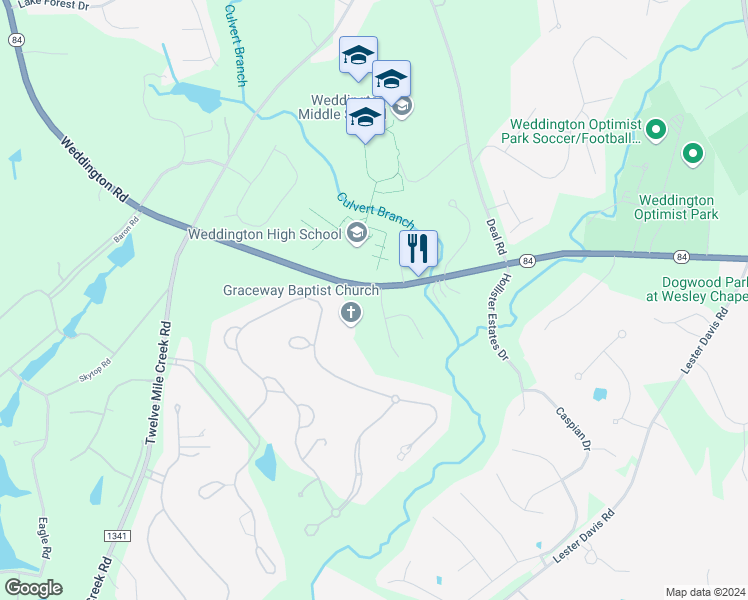 map of restaurants, bars, coffee shops, grocery stores, and more near 7000 Weddington Brook Drive in Matthews