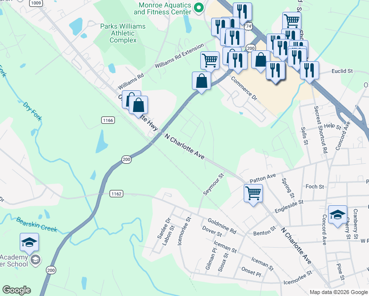 map of restaurants, bars, coffee shops, grocery stores, and more near 1819 North Charlotte Avenue in Monroe
