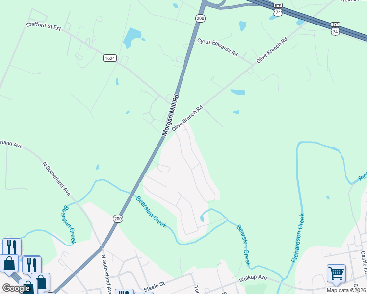 map of restaurants, bars, coffee shops, grocery stores, and more near 2112 Morgan Mill Road in Monroe