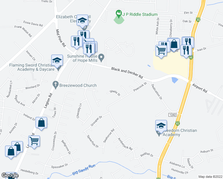 map of restaurants, bars, coffee shops, grocery stores, and more near 438 Sheila Street in Hope Mills