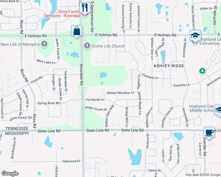 map of restaurants, bars, coffee shops, grocery stores, and more near 5451 Bridge Meadow Lane in Memphis