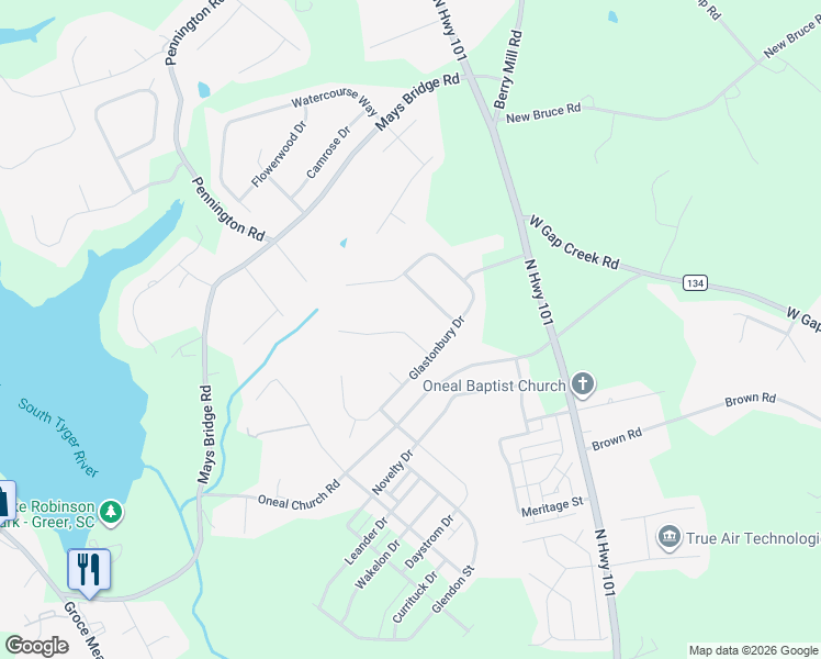 map of restaurants, bars, coffee shops, grocery stores, and more near 12 Perkins Court in Greer