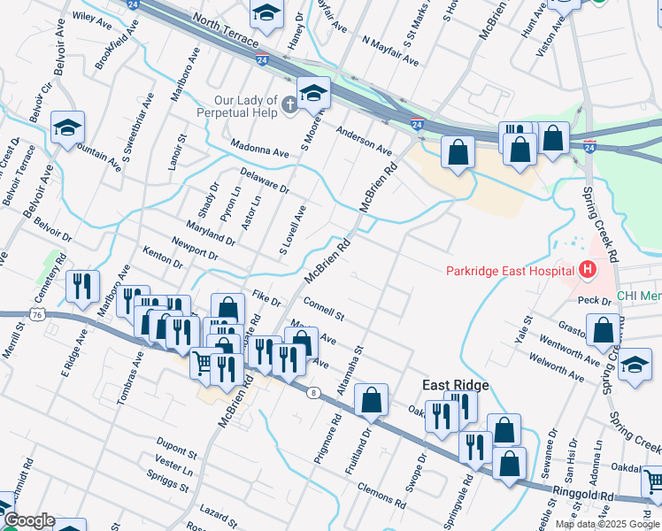 map of restaurants, bars, coffee shops, grocery stores, and more near 1118 Mcbrien Road in Chattanooga