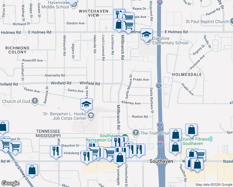 map of restaurants, bars, coffee shops, grocery stores, and more near 5456 Lochinvar Road in Memphis