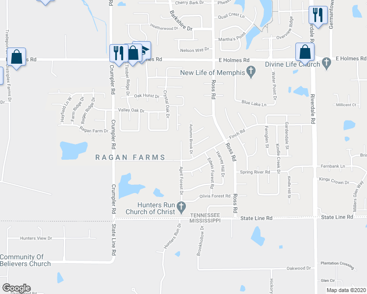 map of restaurants, bars, coffee shops, grocery stores, and more near 5452 April Forest Drive in Memphis