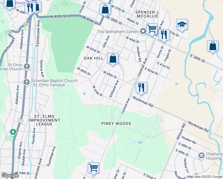 map of restaurants, bars, coffee shops, grocery stores, and more near 4605 Kirkland Avenue in Chattanooga