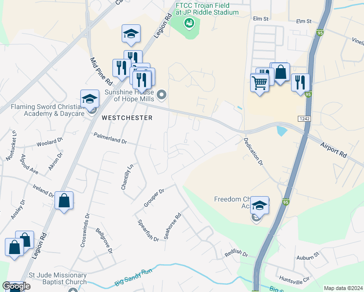 map of restaurants, bars, coffee shops, grocery stores, and more near 430 Sheila Street in Hope Mills