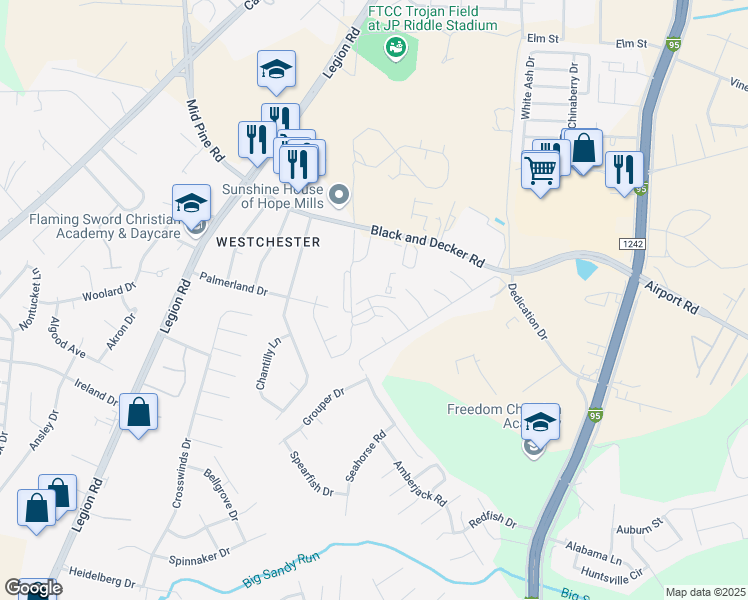 map of restaurants, bars, coffee shops, grocery stores, and more near 436 Sheila Street in Hope Mills