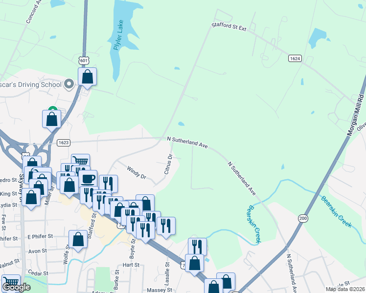 map of restaurants, bars, coffee shops, grocery stores, and more near 1514 Citrus Drive in Monroe
