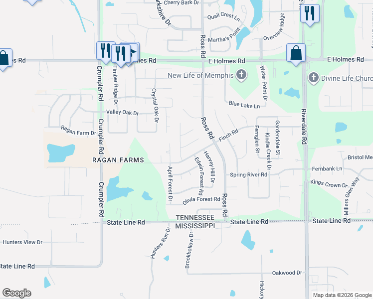 map of restaurants, bars, coffee shops, grocery stores, and more near 6659 Autumn Wood Cove in Memphis