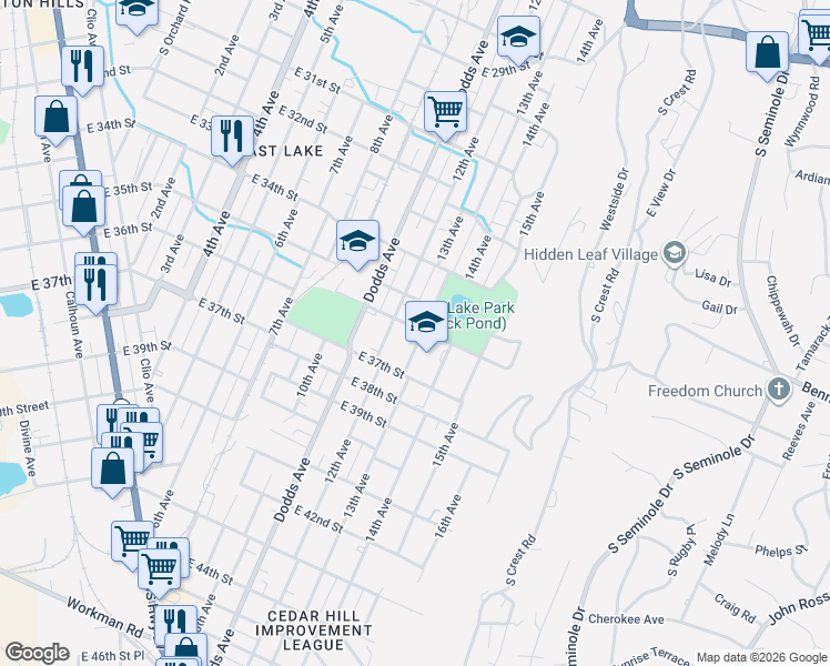 map of restaurants, bars, coffee shops, grocery stores, and more near 3601 13th Avenue in Chattanooga