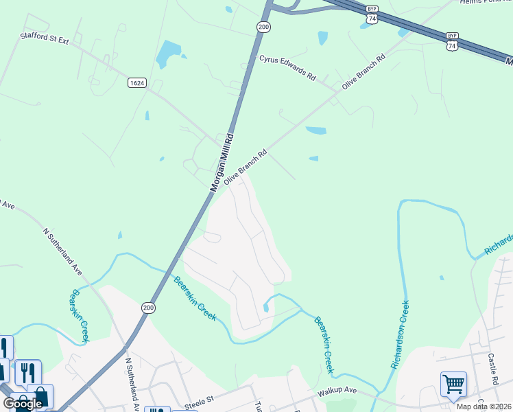 map of restaurants, bars, coffee shops, grocery stores, and more near 2223 Olive Branch Road in Monroe