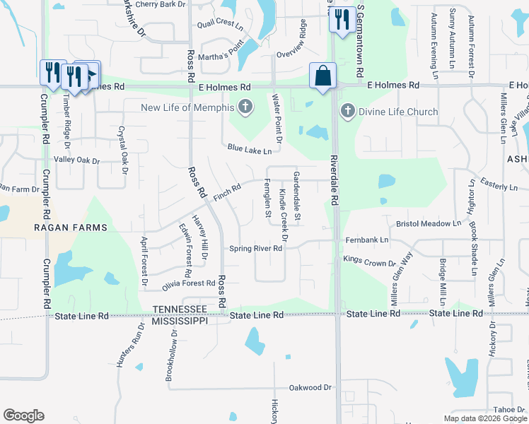 map of restaurants, bars, coffee shops, grocery stores, and more near 5449 Fernglen Street in Memphis