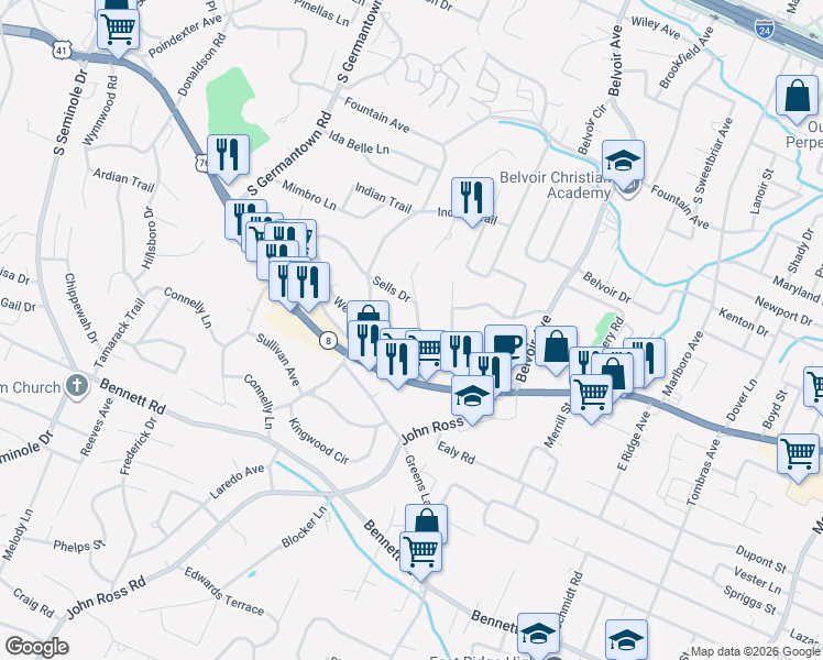 map of restaurants, bars, coffee shops, grocery stores, and more near 1039 Hibbler Cir in Chattanooga