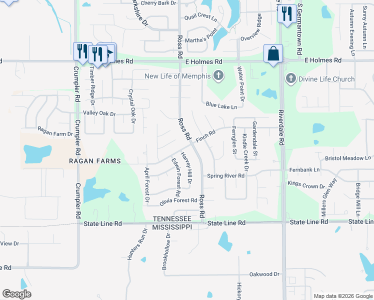 map of restaurants, bars, coffee shops, grocery stores, and more near 6713 Finch Road in Memphis