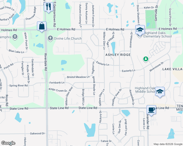 map of restaurants, bars, coffee shops, grocery stores, and more near 5447 Hightor Ln in Memphis