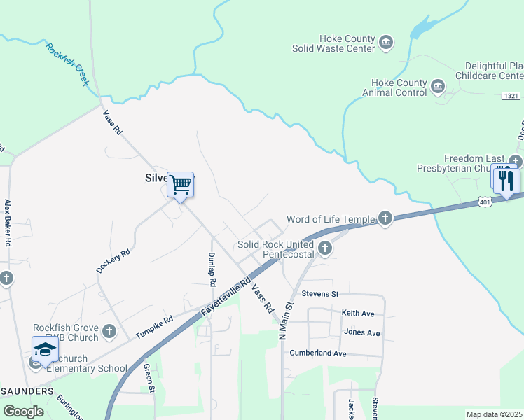 map of restaurants, bars, coffee shops, grocery stores, and more near 326 Hill Street in Raeford