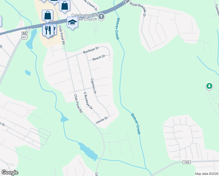 map of restaurants, bars, coffee shops, grocery stores, and more near 316 Hawthorn Drive in Raeford