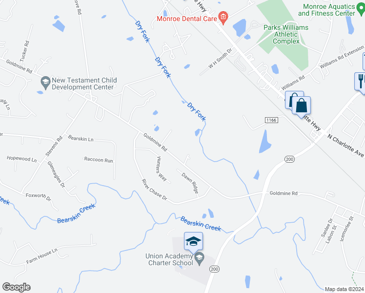 map of restaurants, bars, coffee shops, grocery stores, and more near 2210 Goldmine Road in Monroe