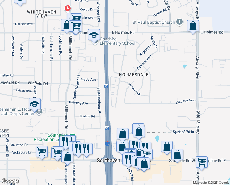 map of restaurants, bars, coffee shops, grocery stores, and more near 5449 Hudgins Road in Memphis