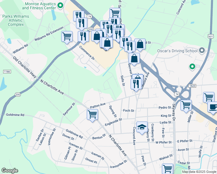 map of restaurants, bars, coffee shops, grocery stores, and more near 610 Patton Avenue in Monroe