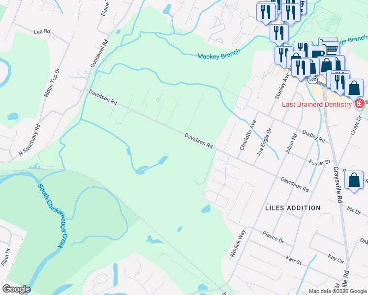 map of restaurants, bars, coffee shops, grocery stores, and more near 7628 Davidson Road in Chattanooga