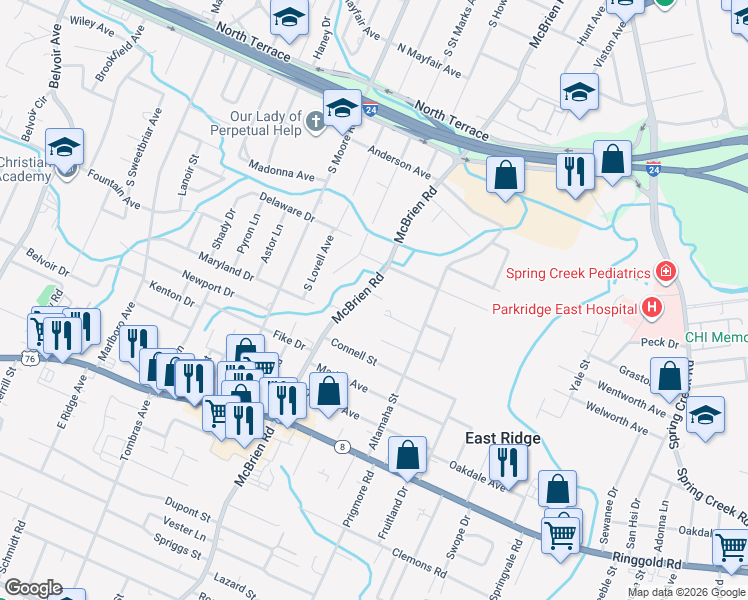 map of restaurants, bars, coffee shops, grocery stores, and more near 1118 Mcbrien Road in Chattanooga