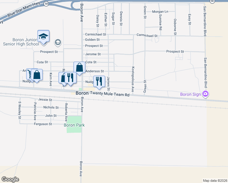 map of restaurants, bars, coffee shops, grocery stores, and more near 26962 Twenty Mule Team Road in Boron