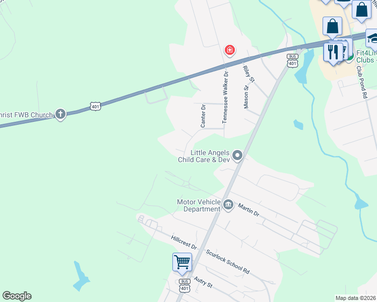 map of restaurants, bars, coffee shops, grocery stores, and more near 345 Belmont Drive in Raeford