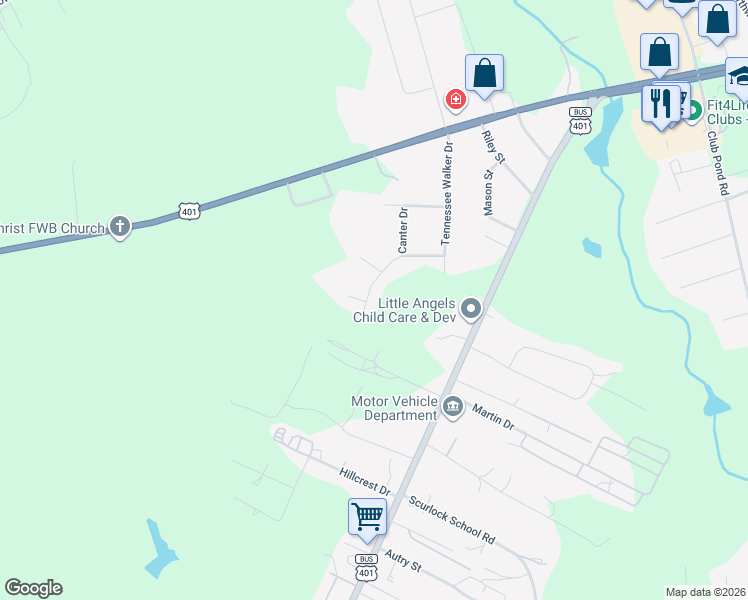 map of restaurants, bars, coffee shops, grocery stores, and more near 345 Belmont Drive in Raeford