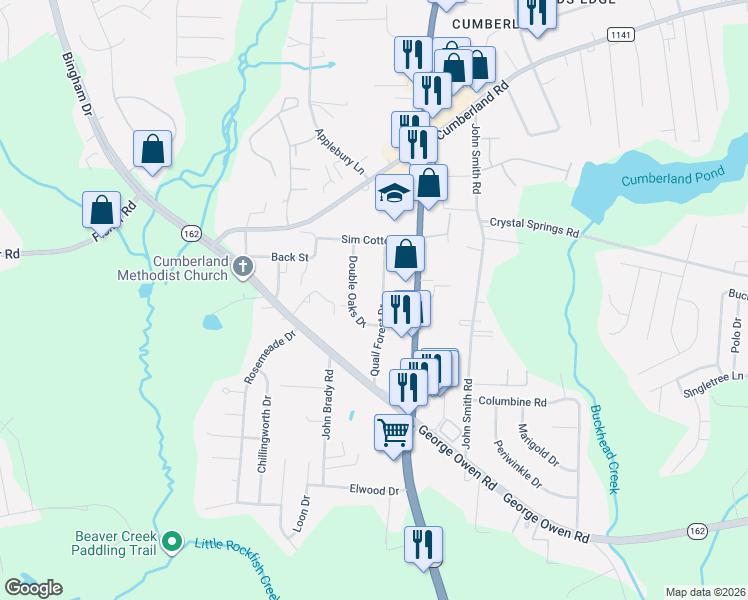 map of restaurants, bars, coffee shops, grocery stores, and more near 2536 Quail Forest Drive in Fayetteville