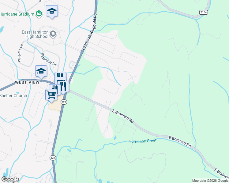 map of restaurants, bars, coffee shops, grocery stores, and more near 9900 Frost Creek Drive in Ooltewah