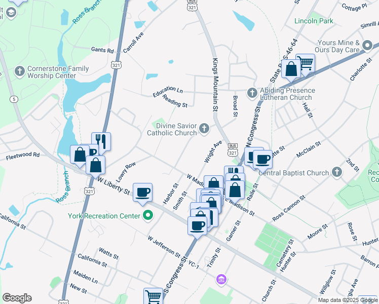 map of restaurants, bars, coffee shops, grocery stores, and more near 210 Herndon Avenue in York