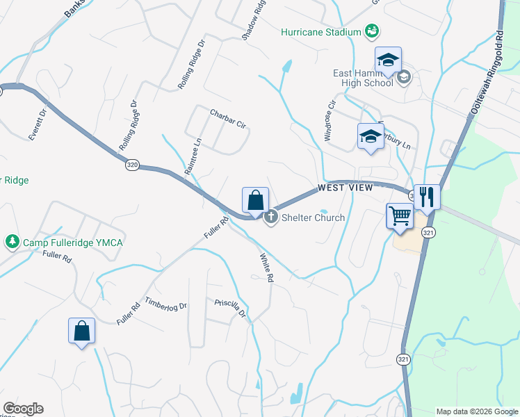 map of restaurants, bars, coffee shops, grocery stores, and more near 9507 East Brainerd Road in Chattanooga