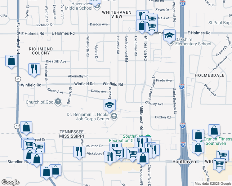 map of restaurants, bars, coffee shops, grocery stores, and more near 5451 Haleville Road in Memphis