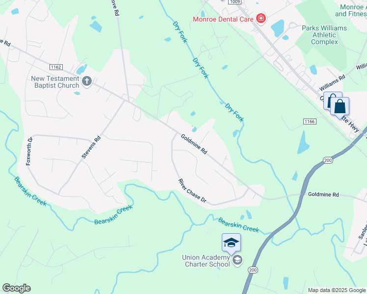 map of restaurants, bars, coffee shops, grocery stores, and more near 2448 Hunters Way in Monroe