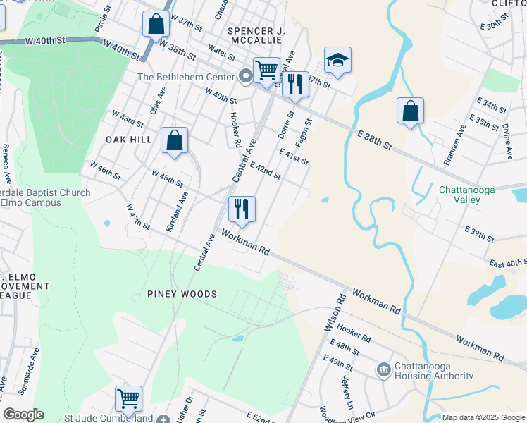 map of restaurants, bars, coffee shops, grocery stores, and more near 4421 Fagan Street in Chattanooga