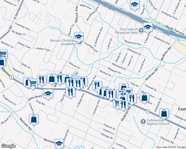 map of restaurants, bars, coffee shops, grocery stores, and more near 1353 Marlboro Avenue in Chattanooga