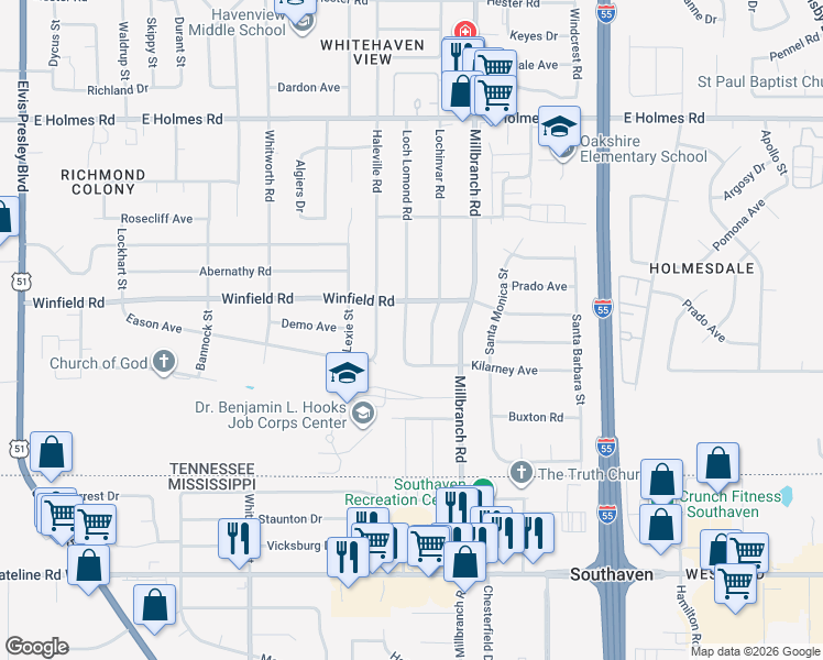 map of restaurants, bars, coffee shops, grocery stores, and more near 545 Kilarney Avenue in Memphis