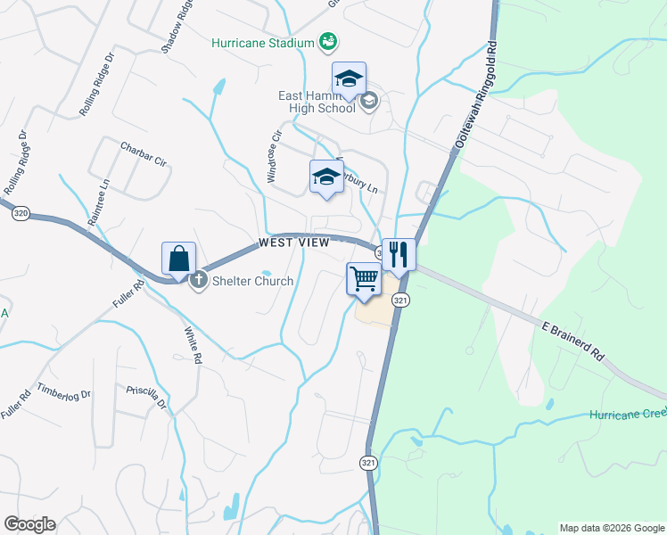 map of restaurants, bars, coffee shops, grocery stores, and more near 9648 East Brainerd Road in Chattanooga