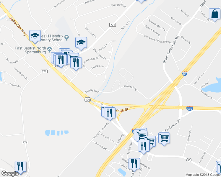 map of restaurants, bars, coffee shops, grocery stores, and more near 307 Still Water Circle in Boiling Springs
