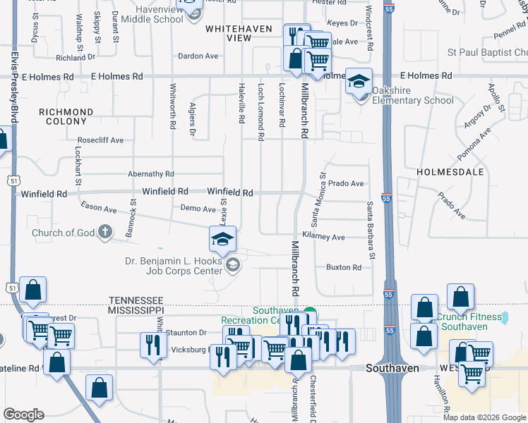 map of restaurants, bars, coffee shops, grocery stores, and more near 545 Kilarney Avenue in Memphis
