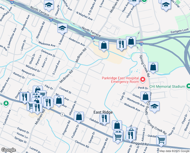 map of restaurants, bars, coffee shops, grocery stores, and more near 5417 Weaver Street in Chattanooga