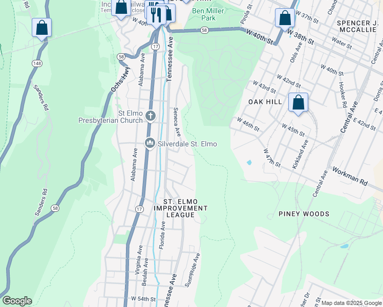 map of restaurants, bars, coffee shops, grocery stores, and more near 4426 Edelweiss Street in Chattanooga