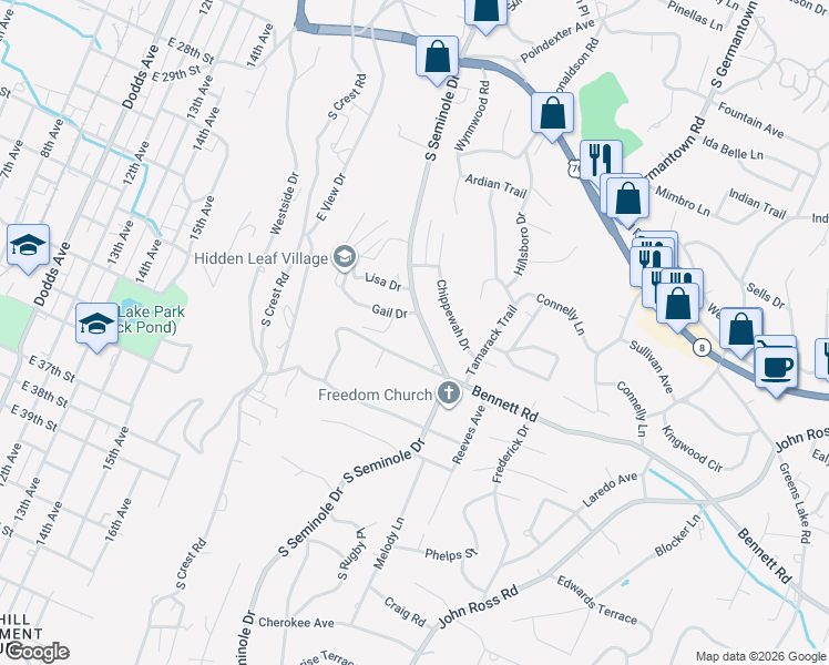 map of restaurants, bars, coffee shops, grocery stores, and more near 1151 South Seminole Drive in Chattanooga
