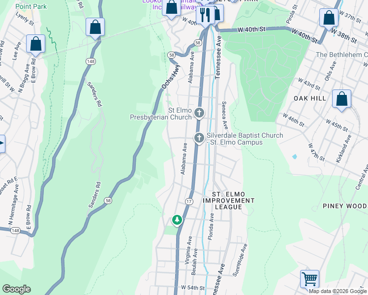 map of restaurants, bars, coffee shops, grocery stores, and more near 4523 Alabama Avenue in Chattanooga